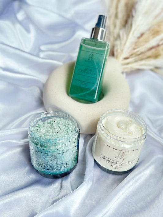 Full Collection: Body Butter, Exfoliating Brightening Body Scrub and Shimmer Body Spray Oil